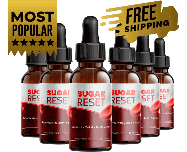 Six amber dropper bottles of Sugar Reset liquid blood sugar supplement